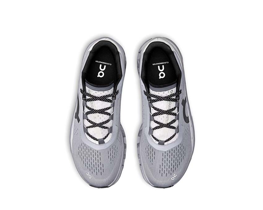 On Cloudmonster Alloy/Silver détail — tige mesh running homme