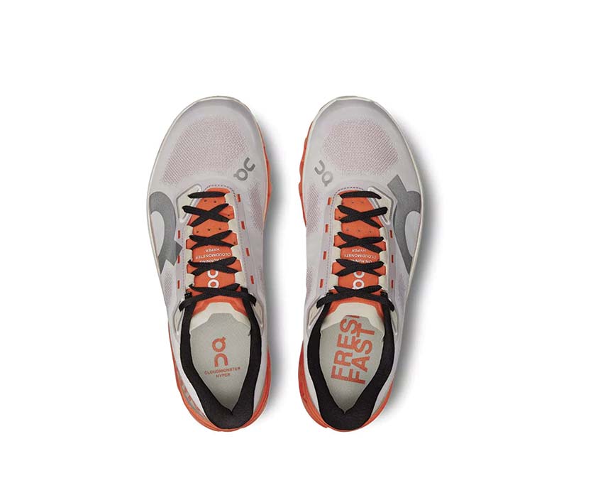 On Cloudmonster Hyper Mauve/Flame vue latérale — profil racing homme