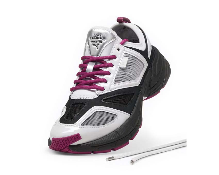 Puma Velophasis NU Feather Gray Black Magenta detalle — branding Más Tiempo