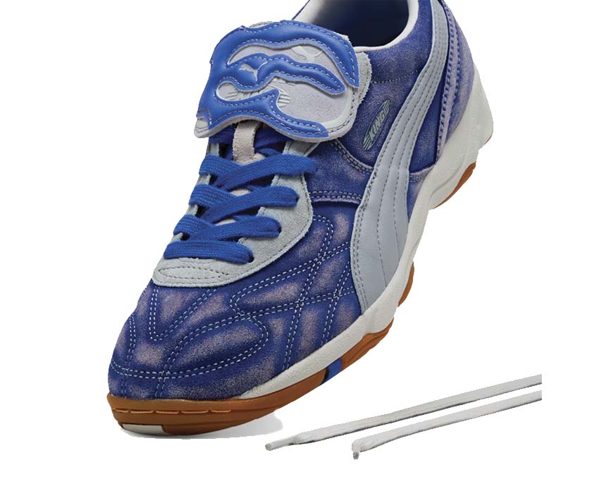 Puma KidSuper King vue latérale — cuir bleu dart gris fog KidSuper