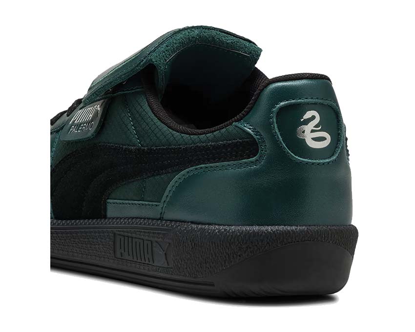 Puma Palermo 2 x Harry Potter Dark Myrtle vista lateral — cuero verde Slytherin