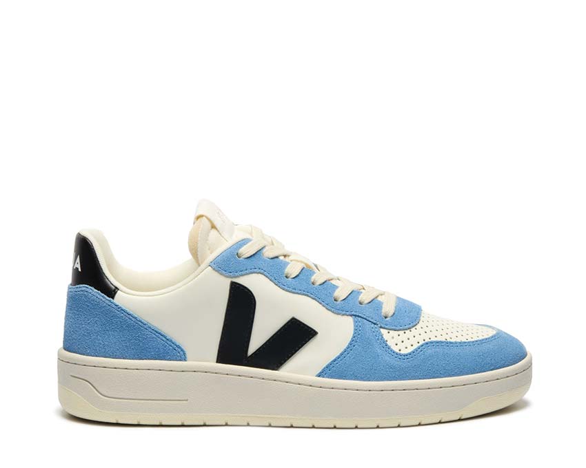 Veja V-10 Leather Pure Black Aqua — sneaker femme cuir noir turquoise