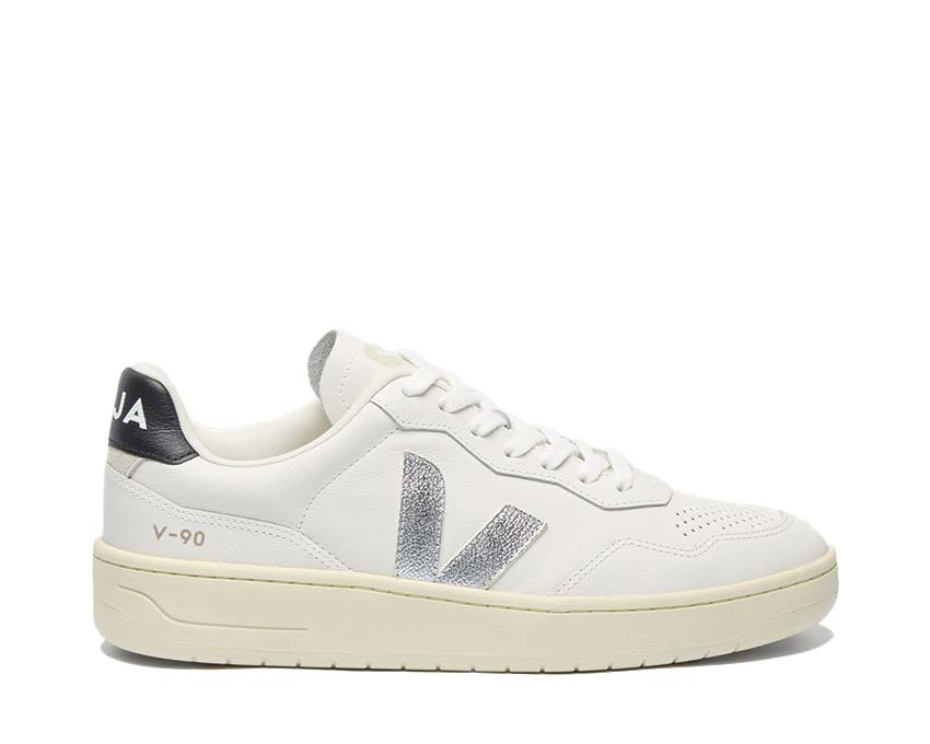 Veja V-90 O.T. Leather White Silver Black — sneaker femme cuir blanc argenté noir