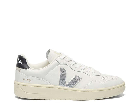 Veja V-90 O.T. Leather White Silver Black — sneaker femme cuir blanc argenté noir