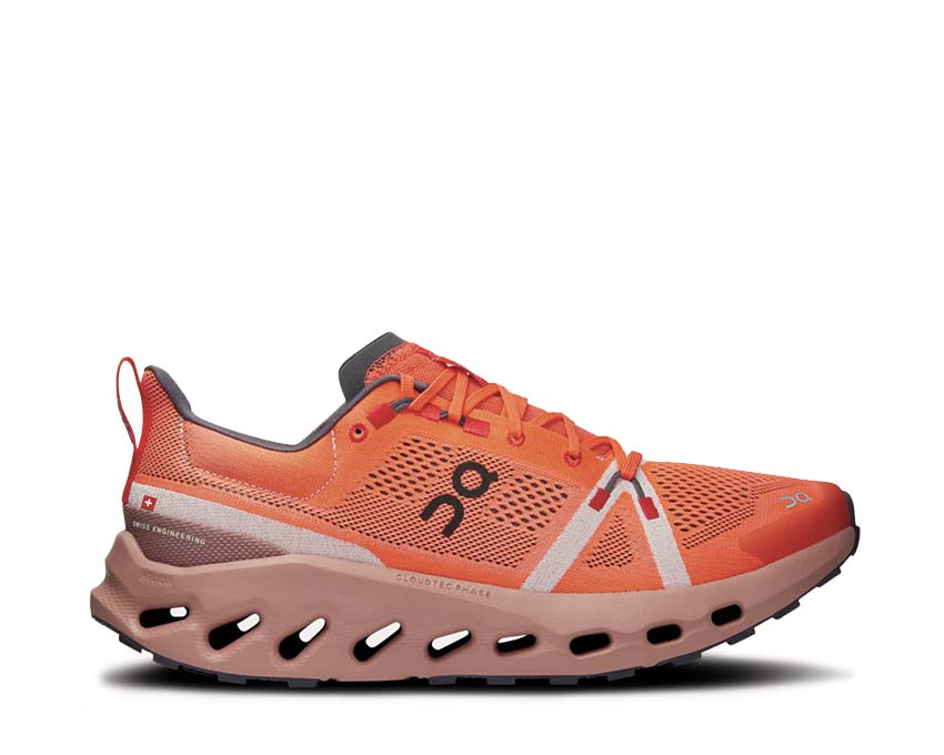 On Cloudsurfer Trail Flame/Dustrose — trail léger homme semelle Missiongrip