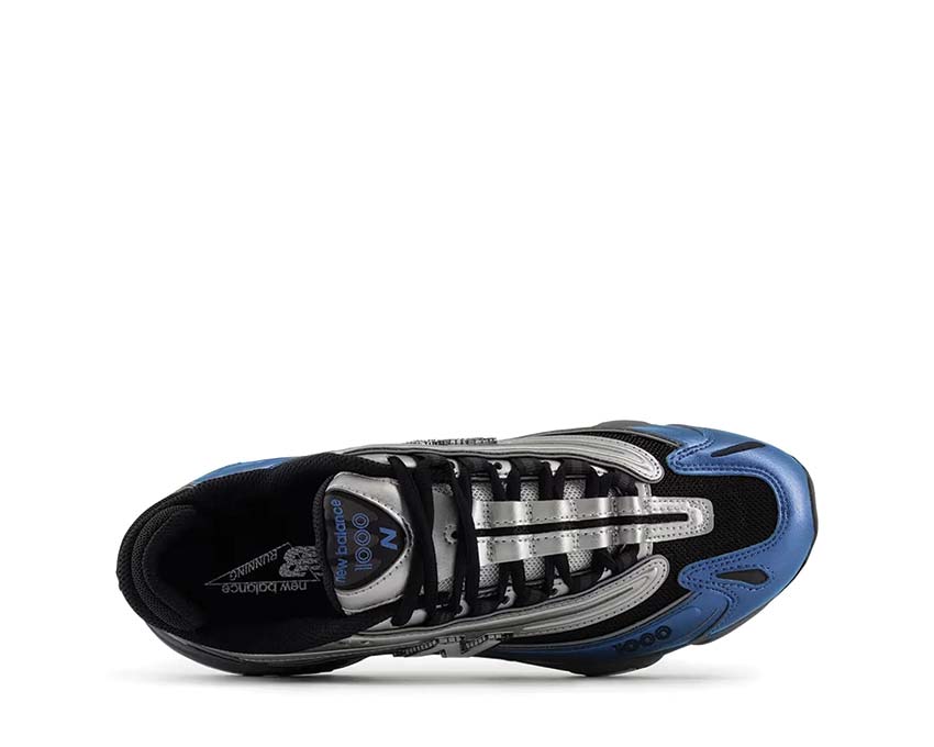 New Balance 1000 Metallic Blue detalle — material metálico y mesh premium