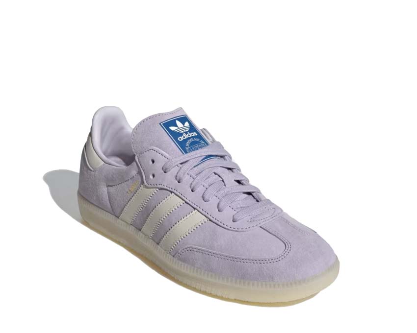 Adidas Samba OG Silver Dawn vue latérale — cuir irisé silver et Chalk White