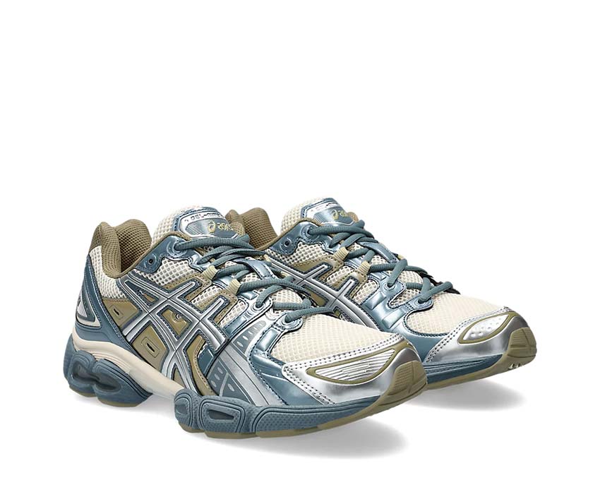 Asics Gel Nimbus 9 Oatmeal Iron Clay vista lateral — parte superior de malla