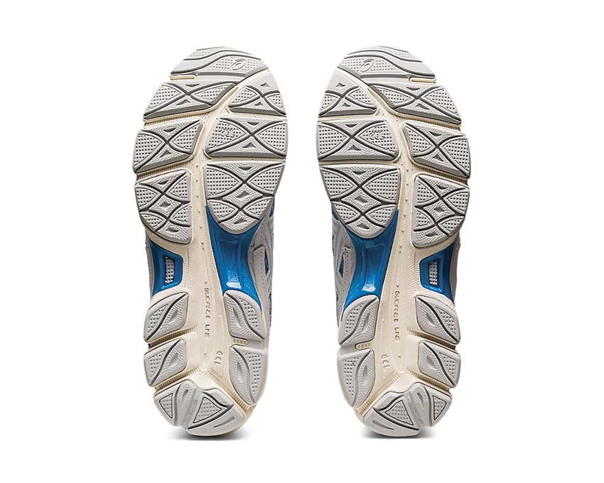 Asics Gel NYC White/Dolphin Blue arrière — amorti Gel talon vintage