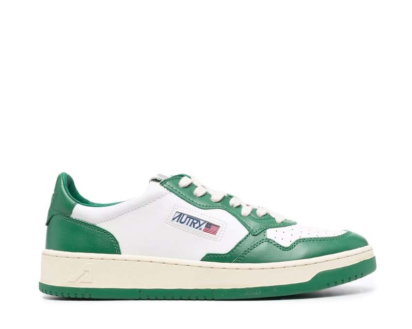 Autry Medalist Low White/Green — Herren-Sneaker Leder und Segeltuch zweifarbig