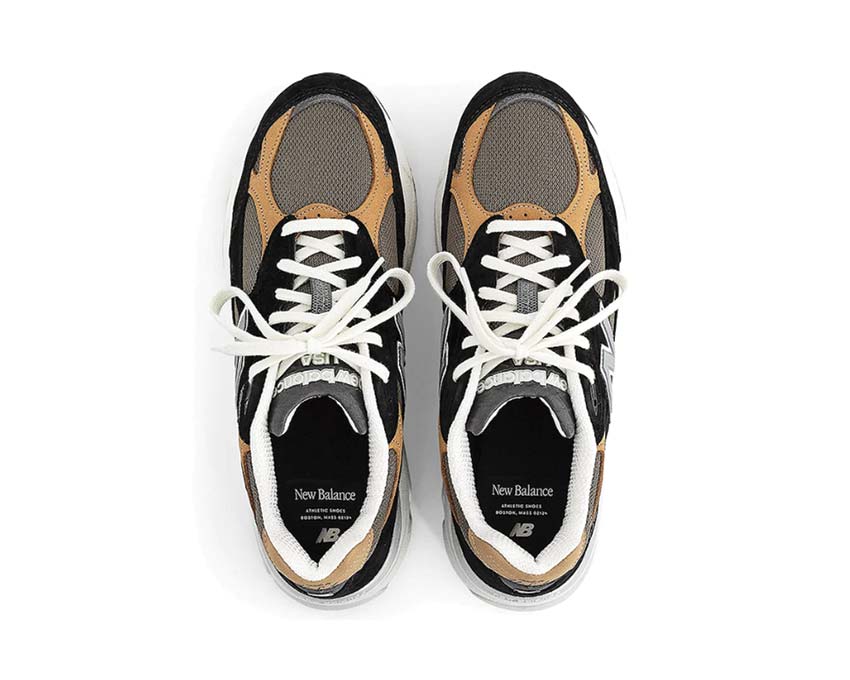 New Balance 990 Made in USA Black Tan Noir/Tan détail — empiècements bicolores premium