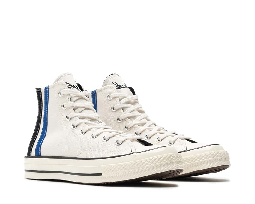 Converse Chuck 70 Hi Vintage White/Blue-Cream vue latérale — tige haute toile blanche rayures bleu