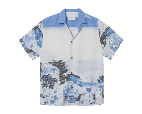 Les Deux Coastal AOP SS Shirt Washed Denim Blue — Unisex-Hemd AOP denim