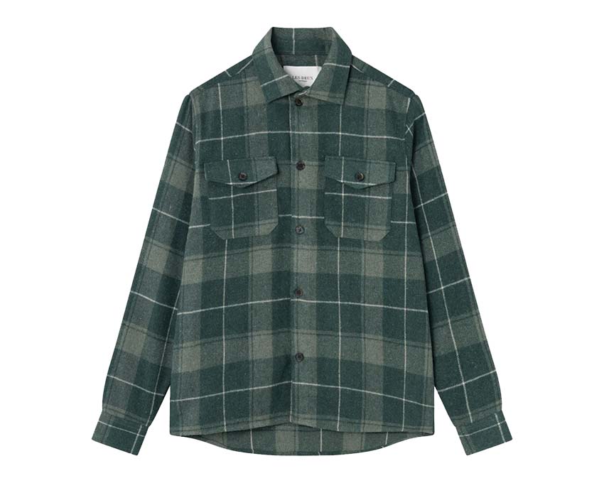 Les Deux Lennon Check Shirt Olive Dusty Moss — chemise unisexe carreaux flanelle