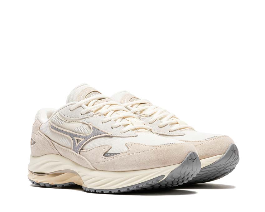 Mizuno Wave Rider Beta White Sand/Ultimate Gray Seitenansicht — atmungsaktives Mesh Laufschuh