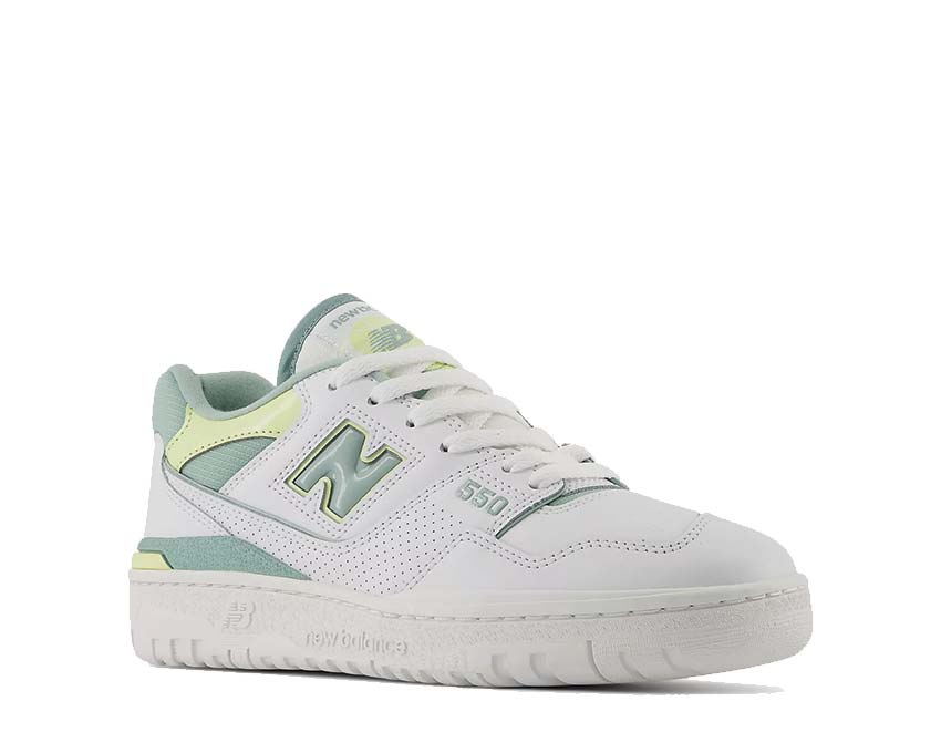 New Balance 550 W White Salt Marsh vista lateral — cupsole acento Limelight