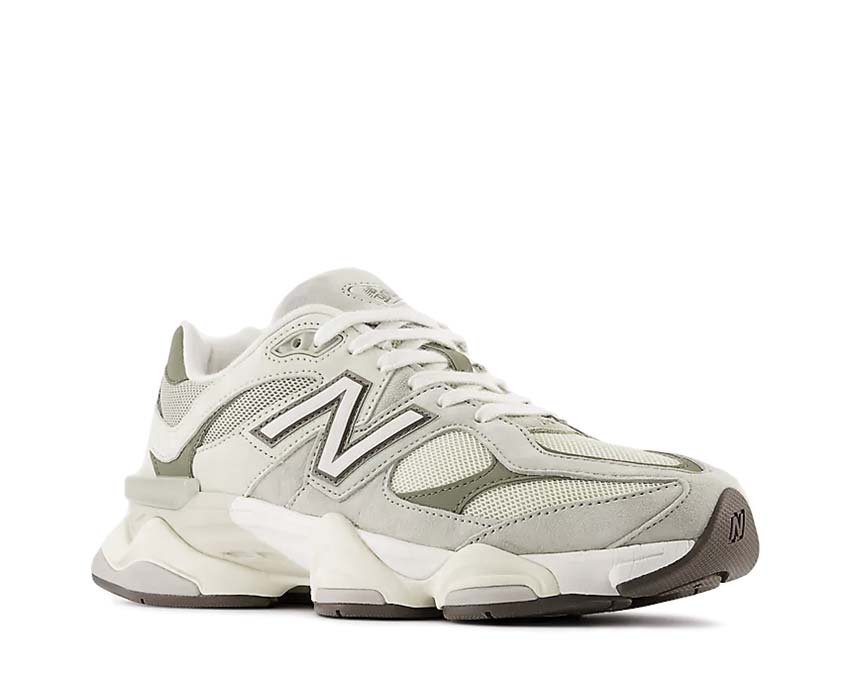 New Balance 9060 Olivine Lichen Green vue latérale — tige mesh multicouche