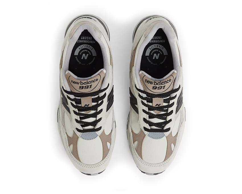 détail — New Balance 991 V1 empiècements suède pelican island fossil