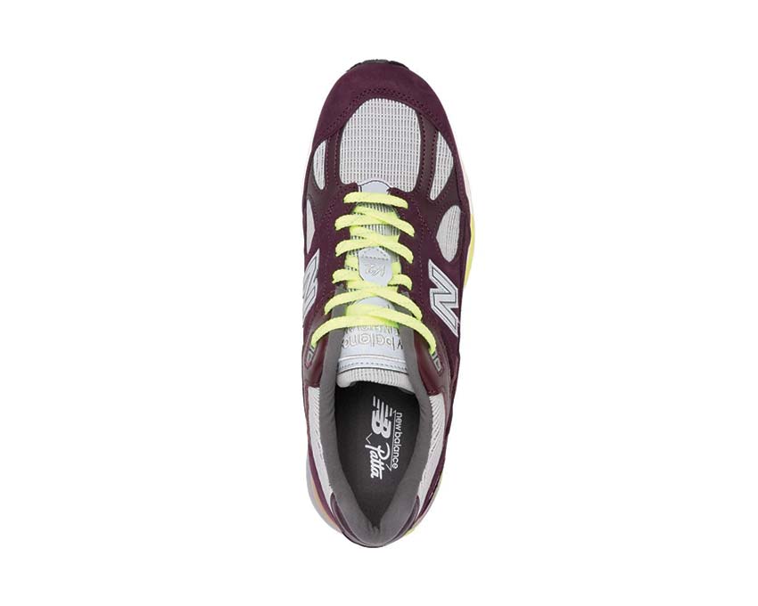 New Balance 991v2 X Patta Burgundy détail — broderies et matières collab