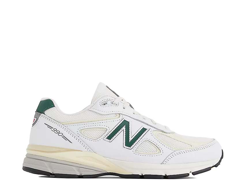 New Balance 990v4 Calcium Forest Green Made in USA — Herren cremefarbener grüner Wildleder Sneaker