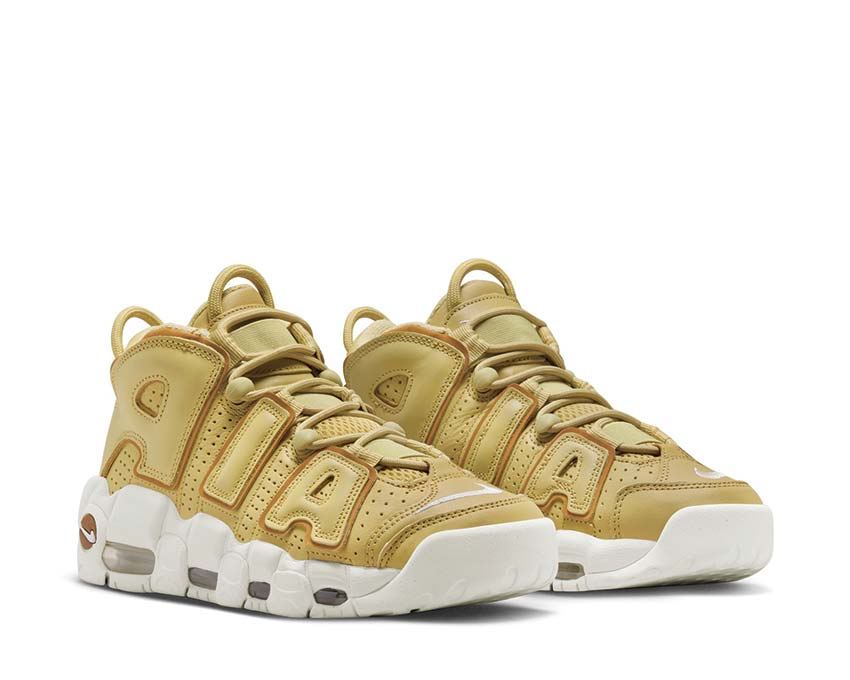 Nike Air More Uptempo W Buff Gold Seitenansicht — Leder Schaft Bronzine Sail