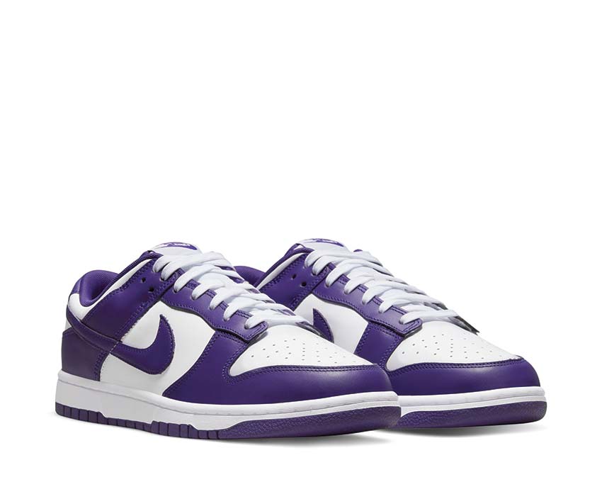 Nike Dunk Low Retro White Court Purple Orange Seitenansicht — weißes violettes Leder