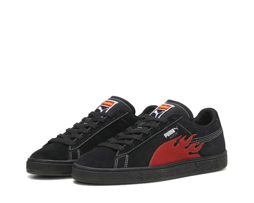 Puma X Butter Goods Suede Classic Black Red side view — premium suede two-tone