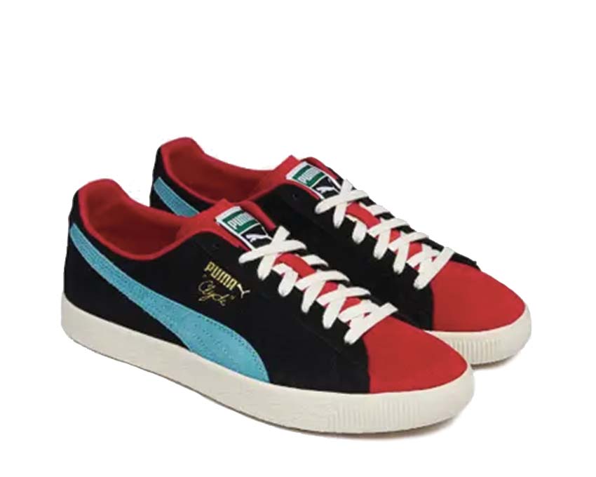 Puma Clyde OG Black Red Seitenansicht — zweifarbiges Premium-Wildleder