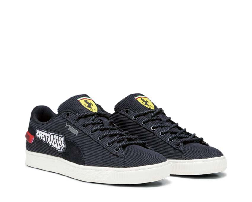 Puma Ferrari Clyde GC Black White vista lateral — cuero Ferrari bicolor