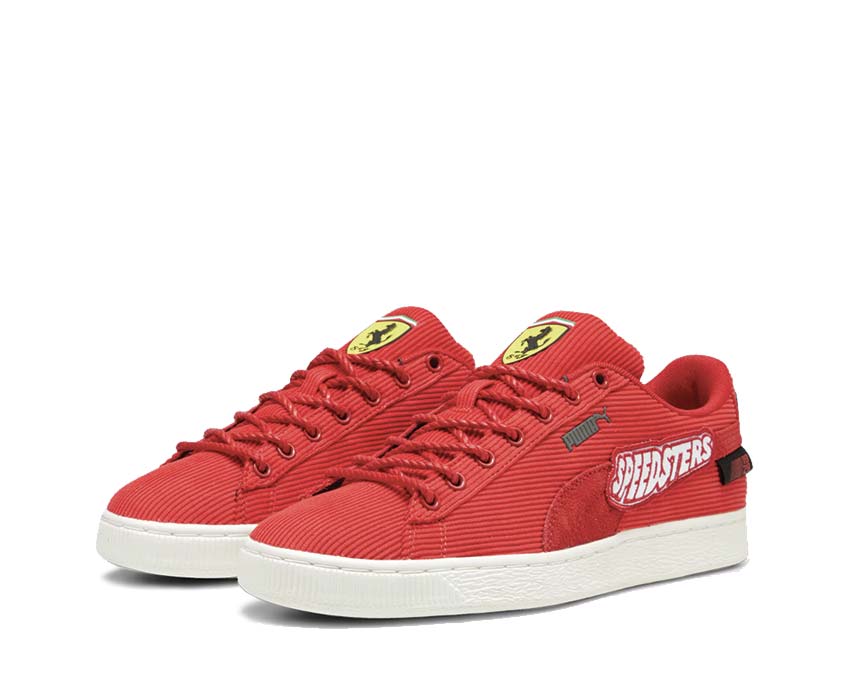 Puma Ferrari Clyde GC Rosso Corsa White Seitenansicht — rotes Ferrari-Leder