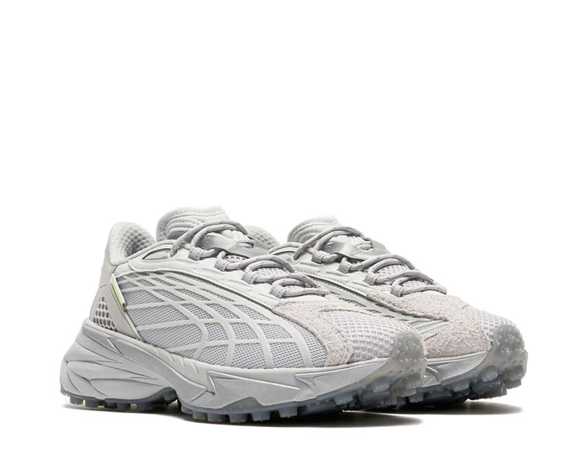 Puma Spirex Glacial Gray Cool Light Gray vista lateral — mesh gris running Pleasure