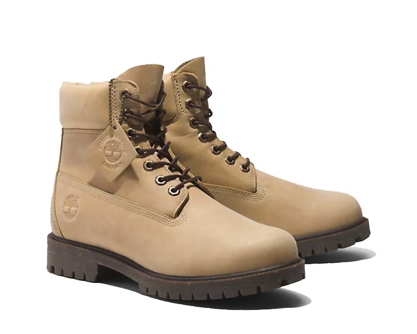 Timberland Heritage 6 Inch Lace Waterproof Beige Grey vista lateral — suela gris contrastada