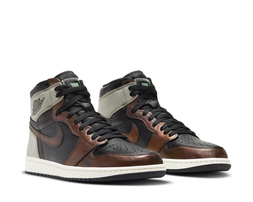 Jordan Air Jordan 1 Retro High OG Patina Black Starfish Mint Light Army vista lateral — cuero negro naranja verde