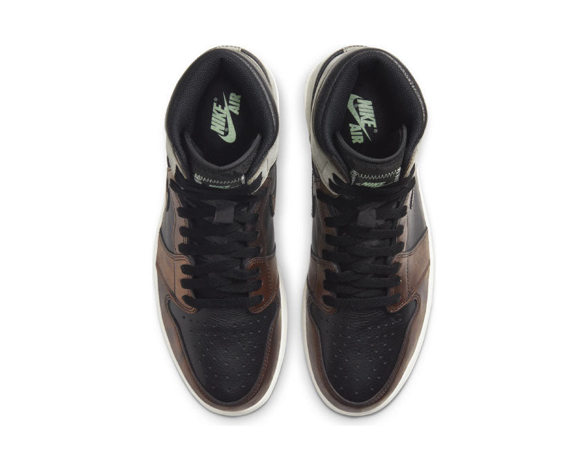 Jordan Air Jordan 1 Retro High OG Patina Black Starfish Mint Light Army detalle — cuero Starfish naranja