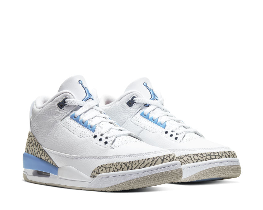 Jordan Air Jordan 3 Retro UNC White Valor Blue Tech Grey vista lateral — cuero blanco malla gris azul