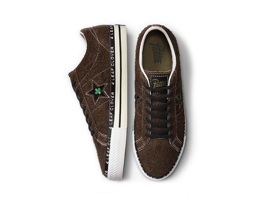Converse x Patta One Star Pro Java/Burnt Olive Detail — Stickerei vierblättriges Kleeblatt