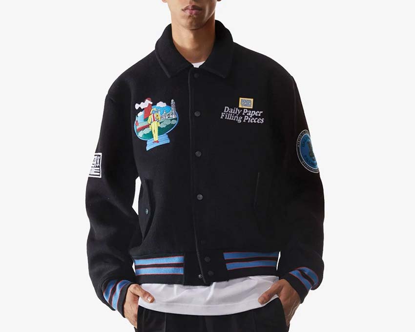 Daily Paper x Filling Pieces Varsity Jacket Black Detail — Brustickerein Logo