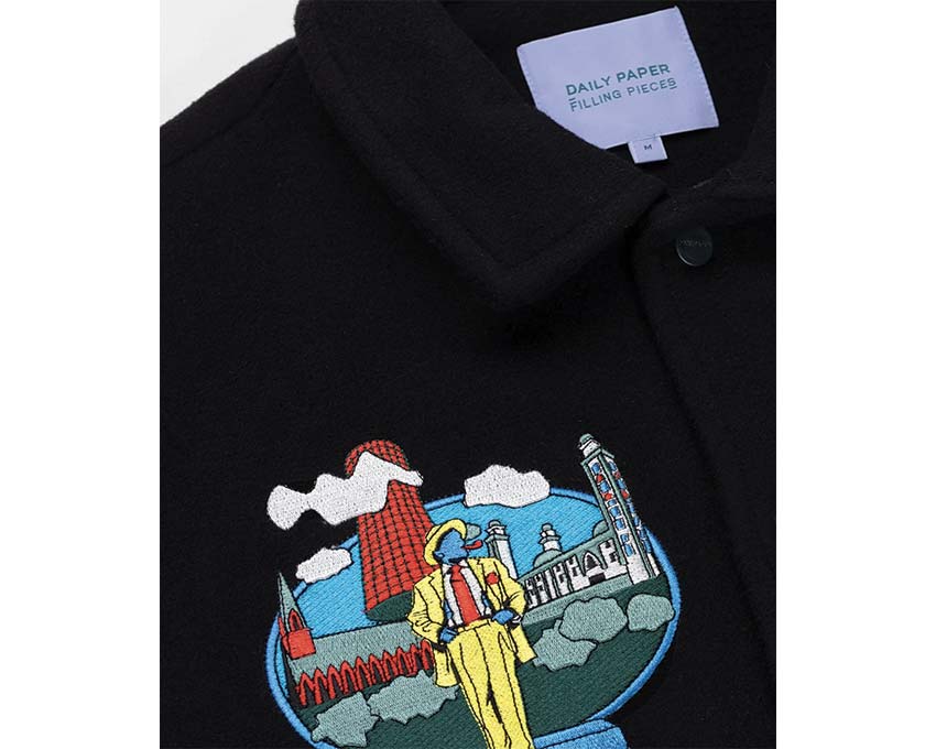 Daily Paper x Filling Pieces Varsity Jacket Black Detail — kontrastierende Lederärmel