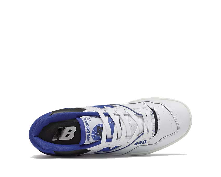 New Balance 550 White/Team Royal vue latérale — cuir blanc et royal