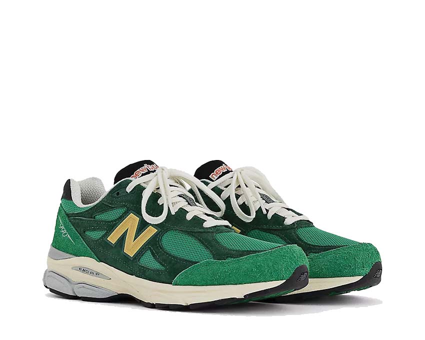 New Balance 990 Made in USA Green Grün/Gold Seitenansicht — Mesh und Premium-Wildleder