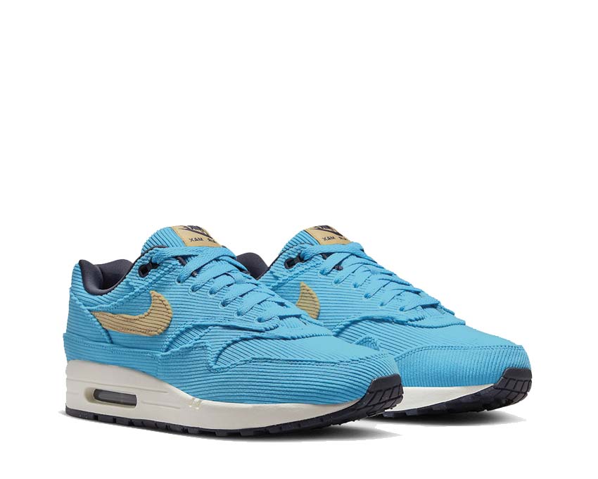 Nike Air Max 1 PRM Baltic Blue Sesame Gridiron vue latérale — cuir et suède