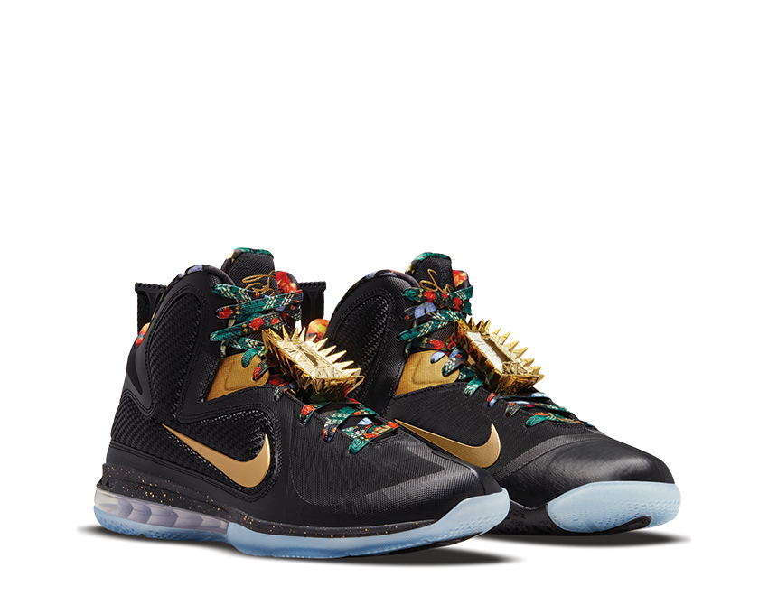 Nike Lebron IX Black Metallic Gold vista lateral — parte superior sintética negro dorado